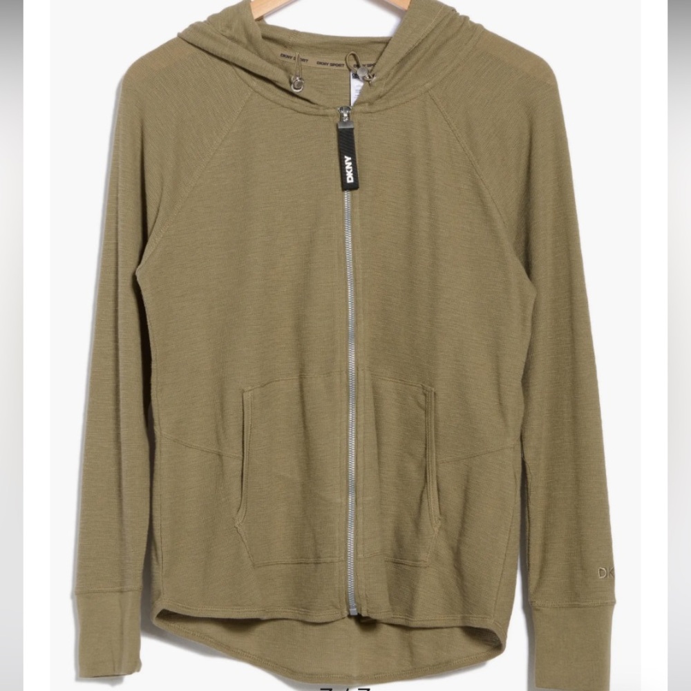 DKNY‎ Slub Waffle Knit Zip Front Hoodie NWT Medium Green Lightweight Cotton/Poly - Picture 4 of 16